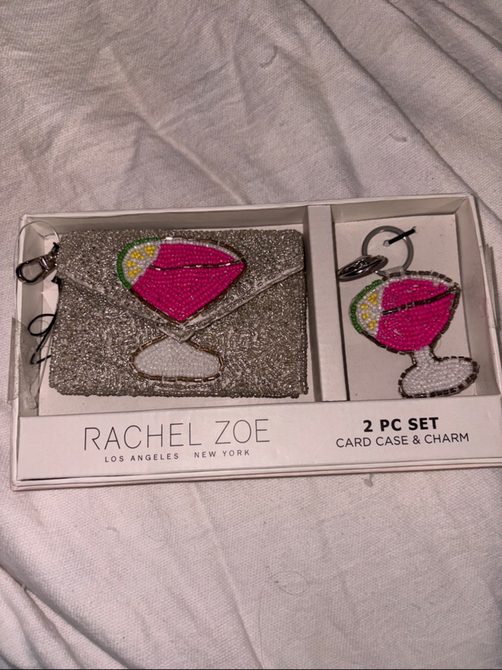 Rachel Zoe Silver Beaded Card Case & Charm Set with Pink Cocktail Motif